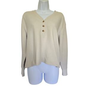 Free Fly Pullover Sweater Womens X-Small Beige Henley Waffle Knit V-Neck S